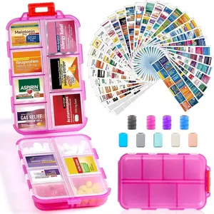 Travel Pill Organizer Box with 415 Labels, 14 Compartment Small Pill Case Medicine Kit, Portable Pocket Purse Pharmacy, Daily Weekly Vitamin Supplement Medication Holder