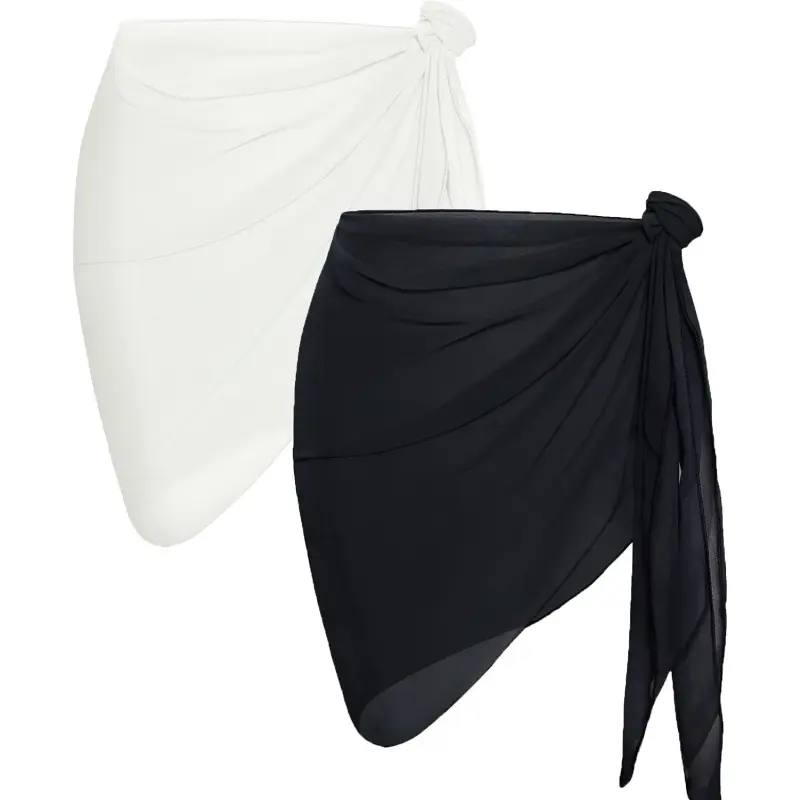 Women's 2-Piece Sheer Sarong Skirt, Solid Color Wraparound Tie Bikini Cover-up, Breathable Easy Care Beachwear, Swimsuit Cover Up, Breathable Fabric, Sheer Look, Swimsuit Coverup, Two Piece Set