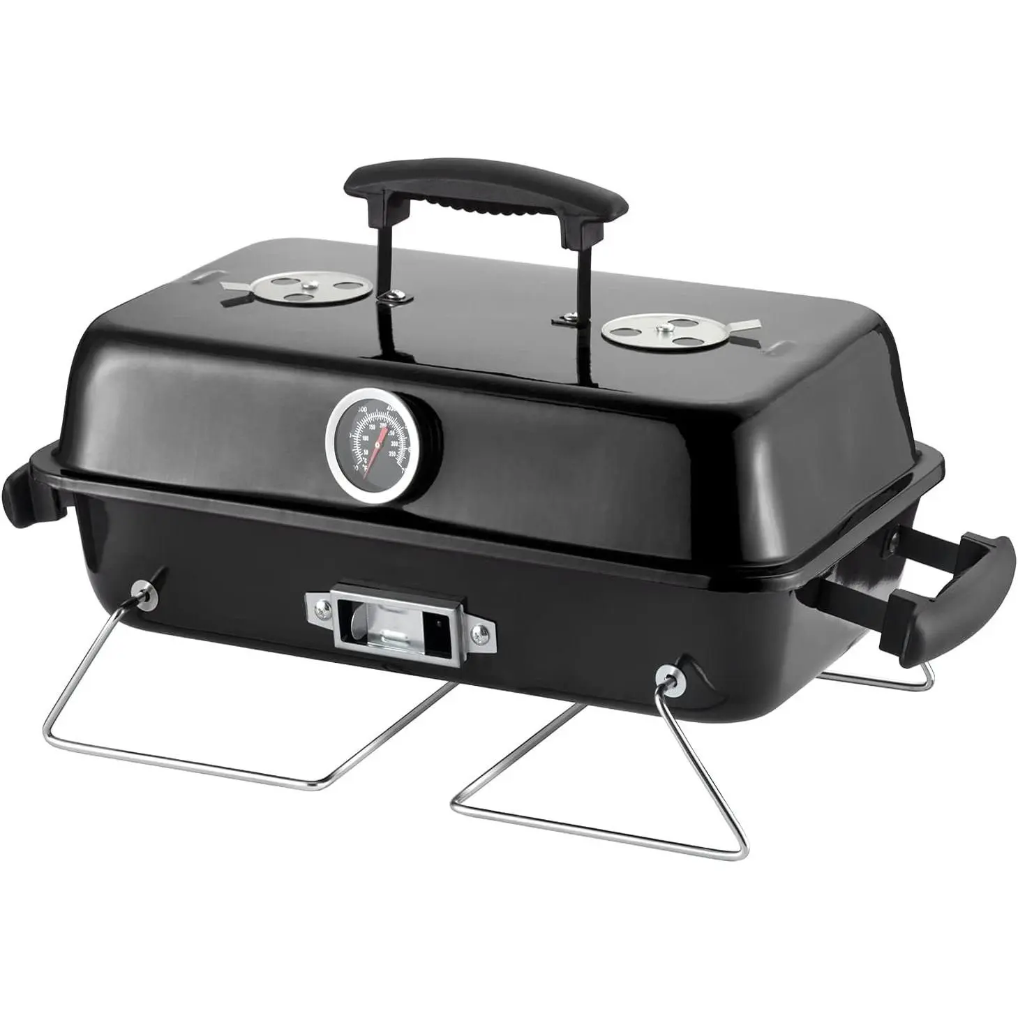 Compact Steel & Metal Portable Charcoal Grill with Wood Handles, Tabletop Outdoor Barbecue Smoker for Backyard Camping, Black Gift Item for Outdoor Cooking Needs, Small