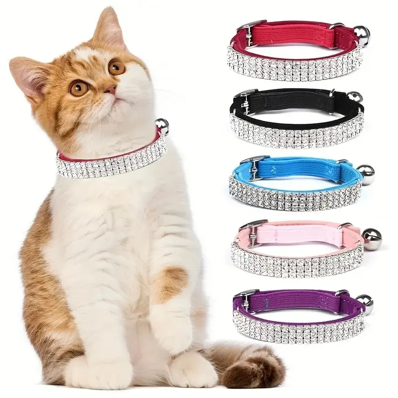 Soft Velvet Safe Cat Adjustable Collar Bling Diamante with Bells,11 inch for Small Dogs and Cats