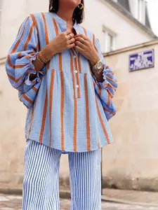 Parisian Effortless Casual Striped Two-Piece Set – Textured Cotton Lantern Sleeve Blouse & Wide Leg Pants, Trendy Womenswear Resort Wear Preppy Matching Set | Breezy Summer Vacation Outfit