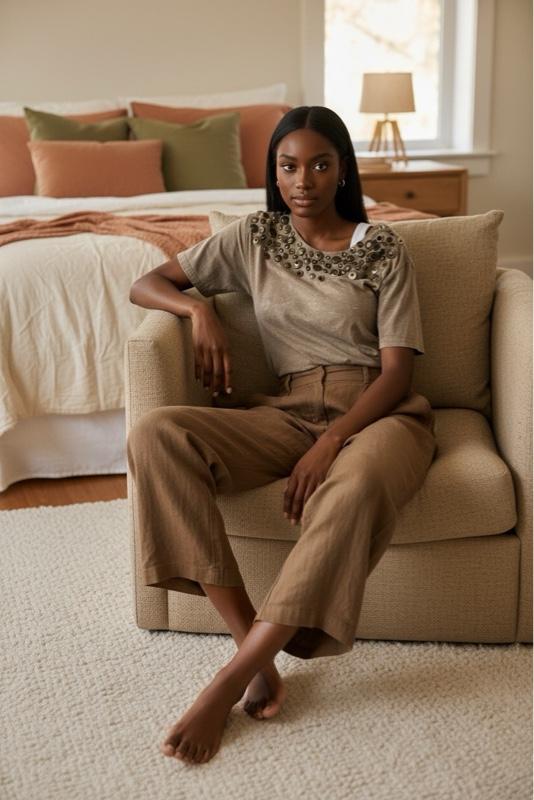 Ladies SS Off-Shoulder Embellished Tee with Elegant Beading and Comfortable Fit for Everyday Wear