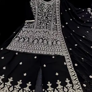 Black Color Georgette Based All Over Stones With Mirror Work & Embroidery Work Kameez With Embroidery Work Big Flared Plazo And Georgette Dupatta With Embroidery Work