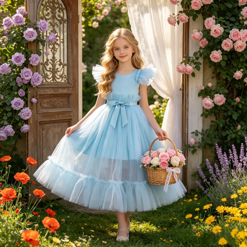 315 5-14 Yrs Kids Long Dress Elegant Dress Sweet Baby Girl Dress Fluffy Tulle Embroidered Stage Costume For a Host Catwalk and Piano Performance