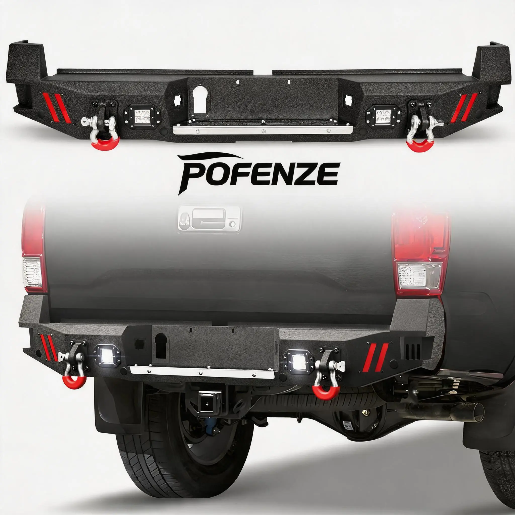 POFENZE-NADIA Full Width Rear Step Bumper for 3rd Gen Toyota Tacoma (2016-2023), Tacoma 3rd Gen Direct Install Bumper with Step Plates, , D-rings, Pre-Drilled Sensor Holes for Night Driving fck light bars