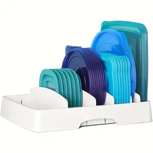 A food container lid organizer with five adjustable dividers designed for kitchen cabinets or countertops. This large, classic white storage box measures 10.5 inches in diameter, 13.4 inches in width, and 3.3 inches in height