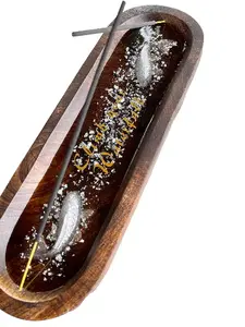 KOI pond Incense Stick Holder on wood plank, Resin Artwork, Jewelry Tray, silver Koi in silver flake resin pond, Climb your Waterfall, Gift