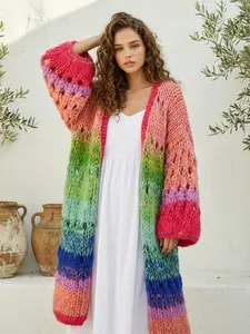 Women's Colorful Crochet Cardigan Sweater, Casual Long Sleeve Open Front Knitwear for Beach Vacation, Ladies Clothes for All Seasons, Knitwear Matching Clothes, Knitted Cardigan Tops
