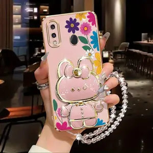 A20 Flower Pattern and Rabbit Stand PC Pearl Strap Lanyard Mobile Phone Holder Case with Durable Cover Compatible with For Samsung Galaxy A20 Phone Sling