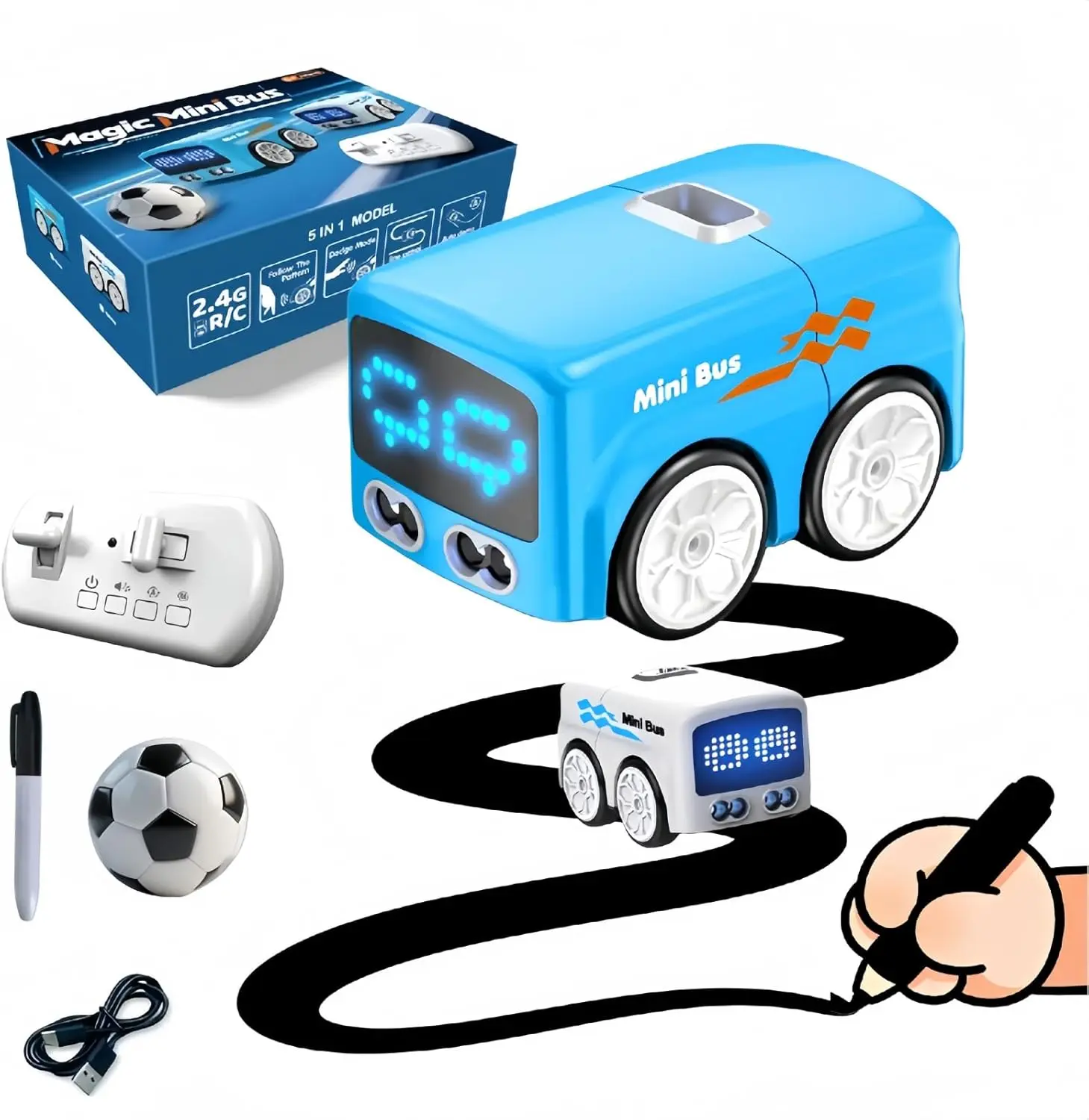 Magic Mini Bus Toy – Interactive Inductive Magic Follows Line Car with Cute LED Lights, Gesture-Follow & Smart RC Control & Follow/Escape Modes – STEM Toy for Ages 5 6 7 8 Boys & Girls (Blue)