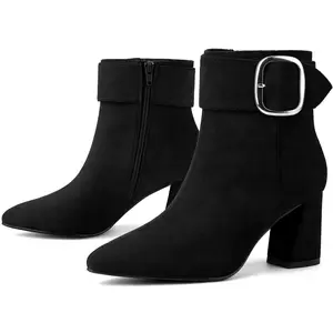 BLISSFUL STEP Women's Pointed Toe Ankle Boots Square Buckle Chunky Heels Ankle Boots