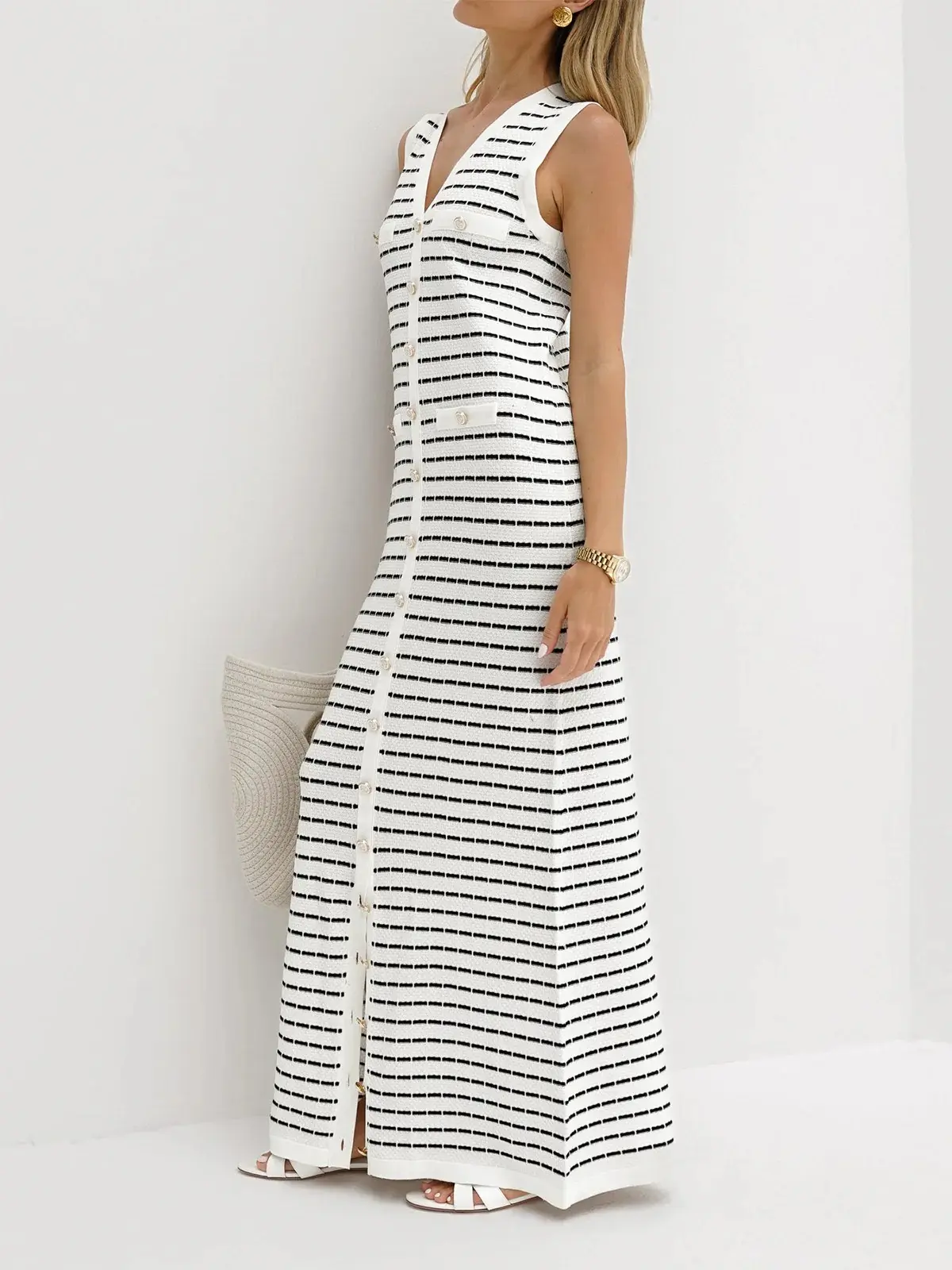 Striped Metal Button Long Sweater Dress