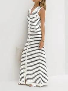 Striped Metal Button Long Sweater Dress