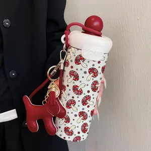 600ML Insulated Mug with Lanyard, Dark Mushroom Pattern Coffee Cup, Stainless Steel 316, Suitable for Outdoor Sports, Travel, Home Use