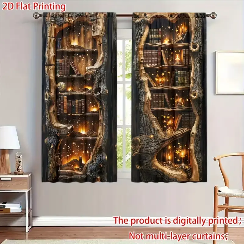 Tree Bookshelf Print Curtain Set, Elegant Fabric Design, Ideal for Living Room/bedroom/kitchen, Home Decor Choice