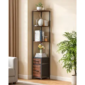 Corner Shelf Stand with Storage, 63.8'' Tall 6-Tier Corner Bookshelf Includes 2 Fabric Drawers, Freestanding Corners Storage Shelf for Living Room Bedroom Kitchen Bathroom (Black + Brown)