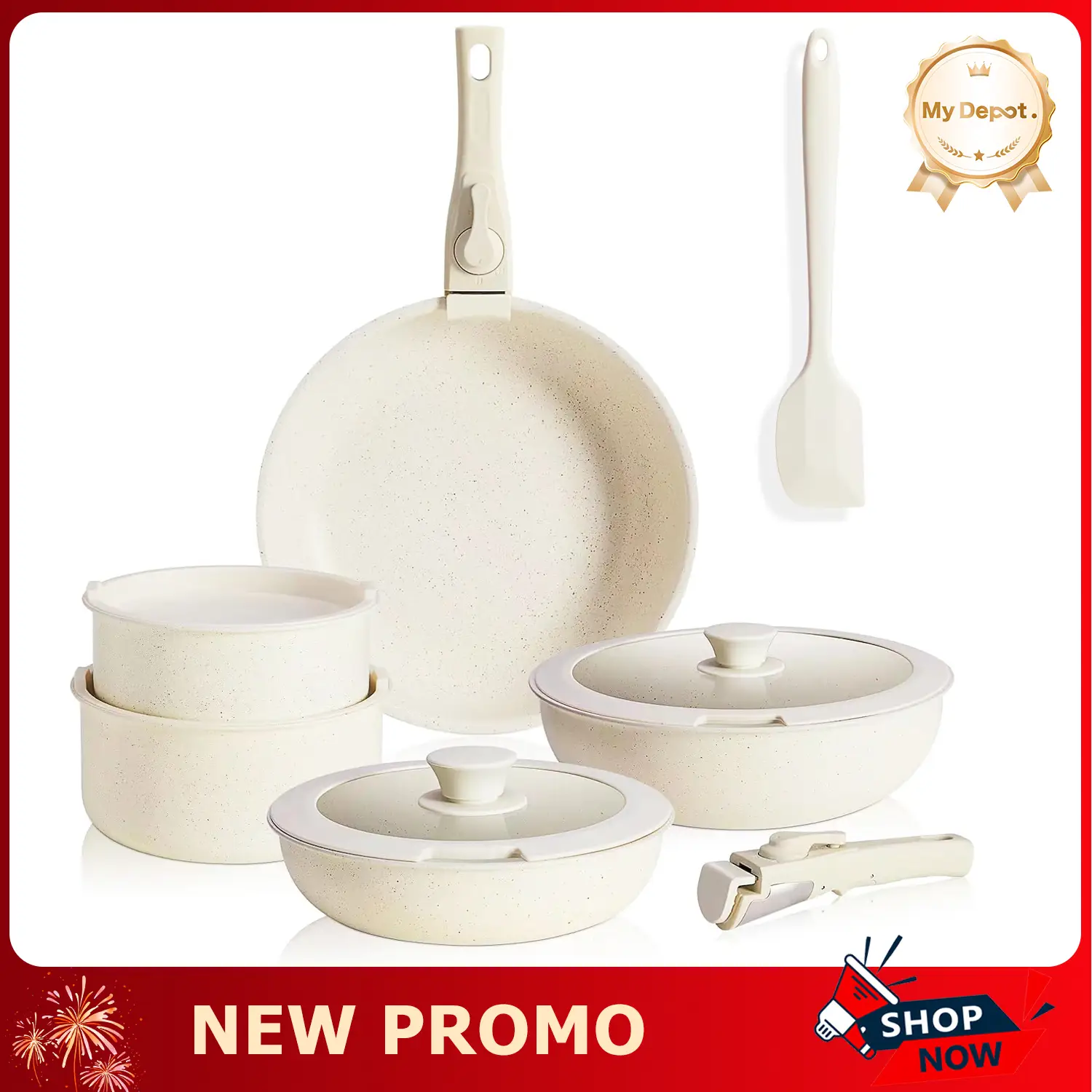 [LIVE] 12-Piece Ceramic Nonstick Cookware Set, Detachable Handle Pots and Pans Set, Oven Safe, Cream White Frying Silicone Lid