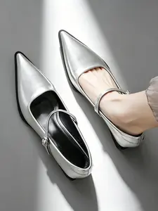 New Season Silver Two-Tone Pointed Toe Mary Jane Shoes, Glossy Leather Buckle Heeled Flats, Anti-Slip Soft Sole, All-Season Women's Shoes