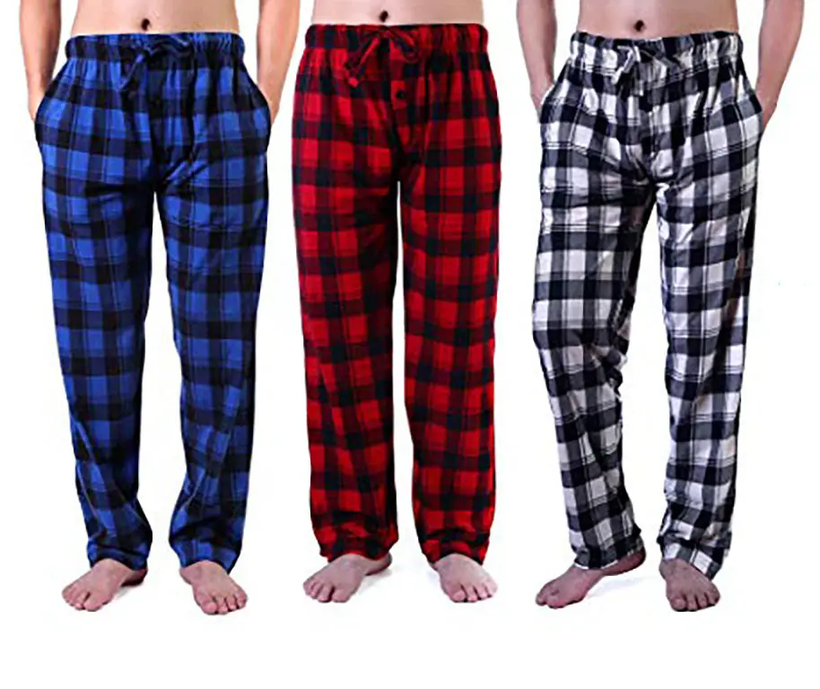 Men's 3-Pack Checked Long Baggy Nightwear Pajama Pants, Oversized Loose Fit Soft Polyester Fleece, Elastic Drawstring Adjustable Waist, Button Fly, Side Pockets, All Seasons Warmth