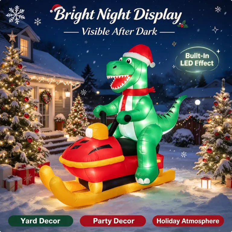 Christmas Inflatable Dinosaur Snowmobile Yard Decoration 65 Inch LED Light Up T-Rex Dino with Santa Hat Scarf Blow Up Outdoor Holiday Decor for Lawn Garden Patio Xmas Party Display,toolupgrade
