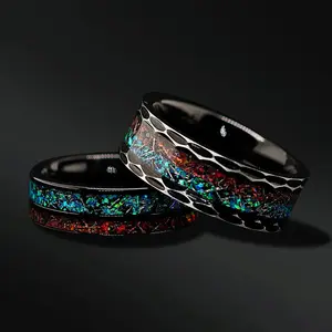 Volcano Wedding Band Set for Him and Her | Opal & Meteorite Wedding Bands For Him and Her