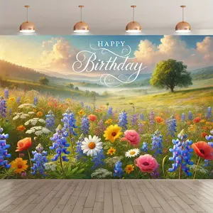 Summervibes 1PC Floral Standing Banner - Happy Birthday Backdrop with Bluebells, Daisies, Butterflies Print, Durable Washable Polyester, Indoor/Outdoor Party Studio Prop