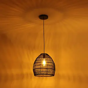 Aeyee Bamboo Pendant Light Fixture Boho Style 1 Lights Rattan Pendant Lamp Woven Hanging Light for Kitchen Island Nursery