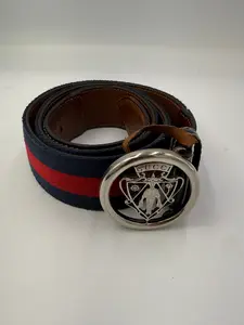 Pre-owned Gucci Ophidia Web Stripe Knight Crest Belt with Navy Blue Leather Trim 85 cm 34 in