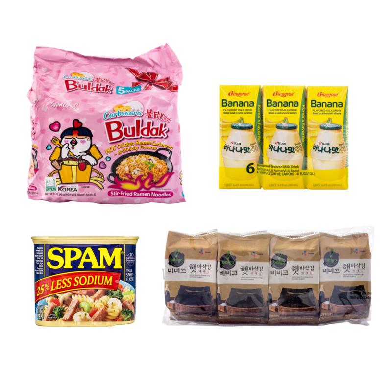 Buldak Carbonara Meal Pack (Samyang Buldak Carbonara Ramen, Spam, Seaweed, and Banana Milk）