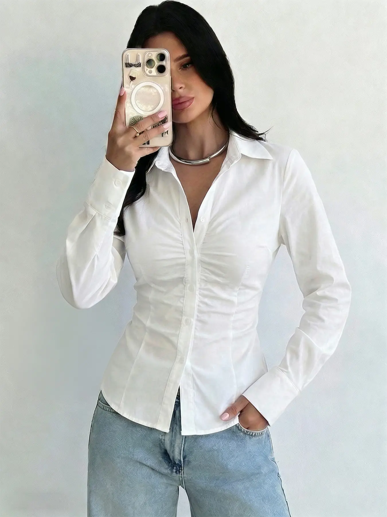Women's Button-Up Long Sleeve Shirt Blouse, Classic Casual Solid Color, Regular Fit, Elegant Design, Suitable for Professional Business Work Occasions