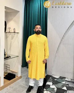 Lushkara Men's Yellow Chikan Kari Kurta: Radiate Vibes