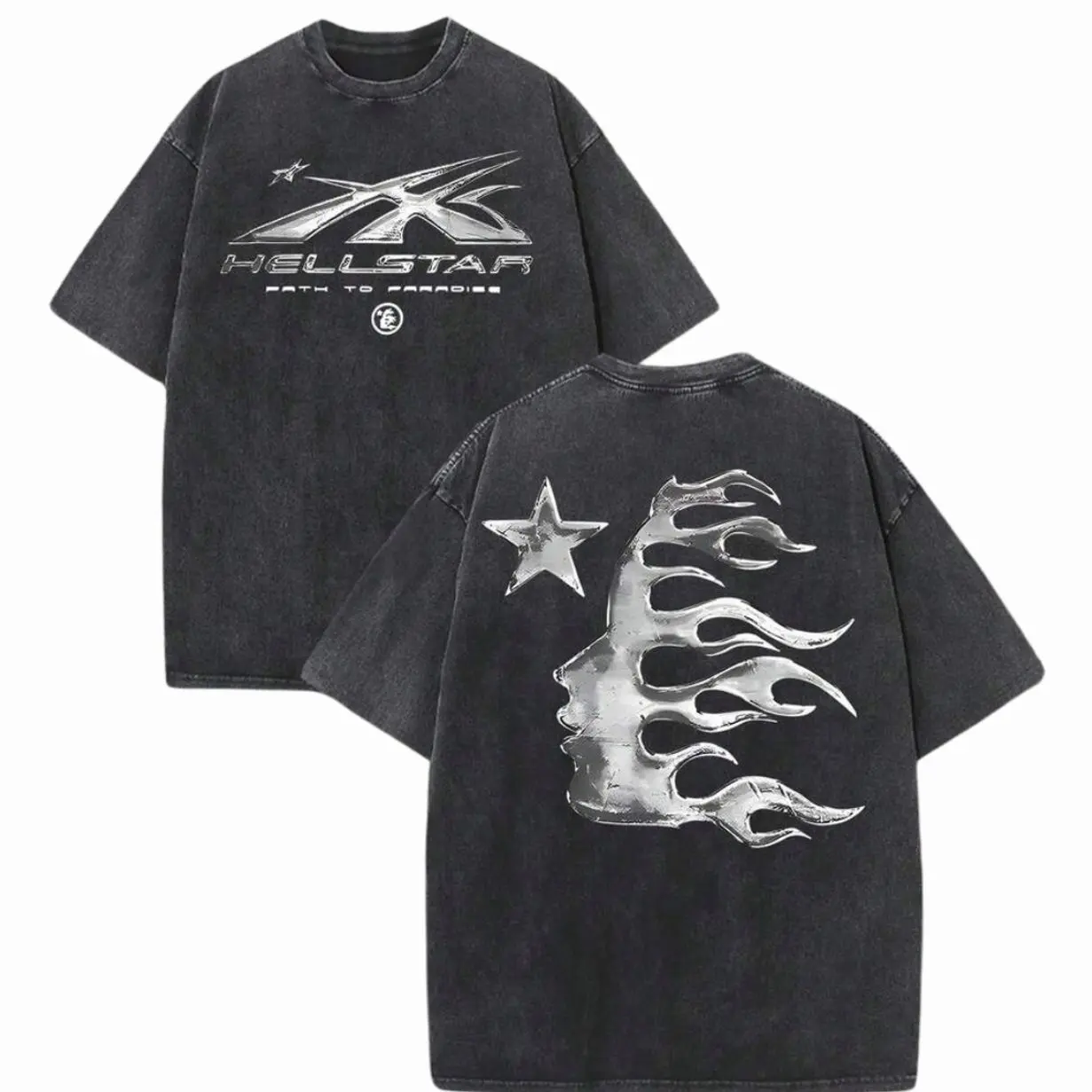 Hell Flame Star Silver Vintage Acid Wash Cotton T-Shirt, All Seasons Fan Oversized Casual Tee, Design Printed Unisex T Shirt