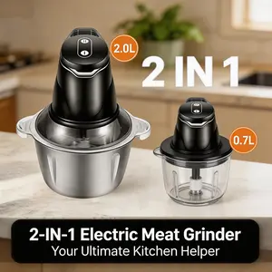2-in-1 Electric Meat Grinder & Food Chopper, 2.0L+0.7L Dual Bowls, Stainless Steel & Glass, 2-Speed Electric Food Processor for Meat, Vegetables, Fruits, Nuts, Onion, Garlic, Kitchen Helper