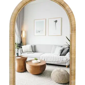 Arched Wall Mirror, 24 x 16 Rattan Vanity Mirror for Wall, Boho Style, Natural Rattan Frame, Farmhouse Bedroom Checkroom Livingroom Decor