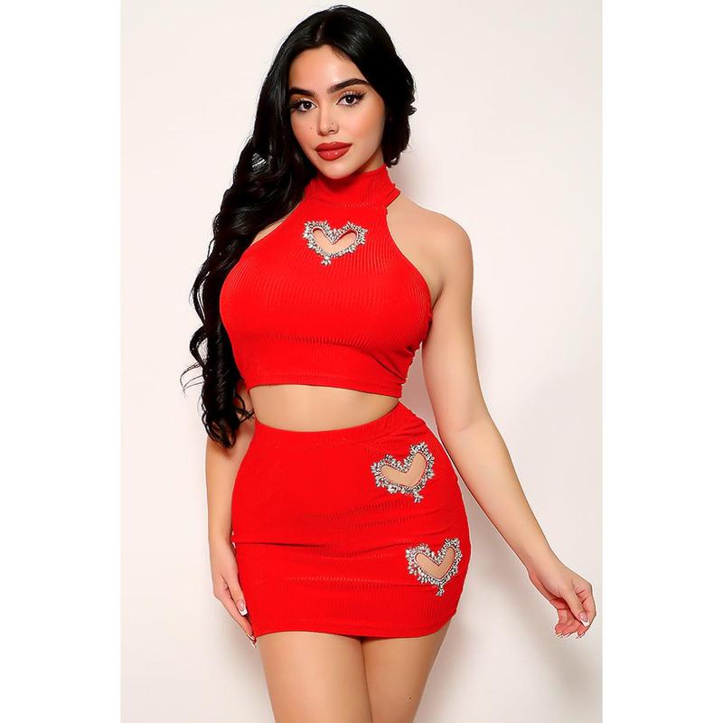 Red Ribbed Sleeveless Rhinestone Hearts Top Skirt 2Pc Dress Outfit