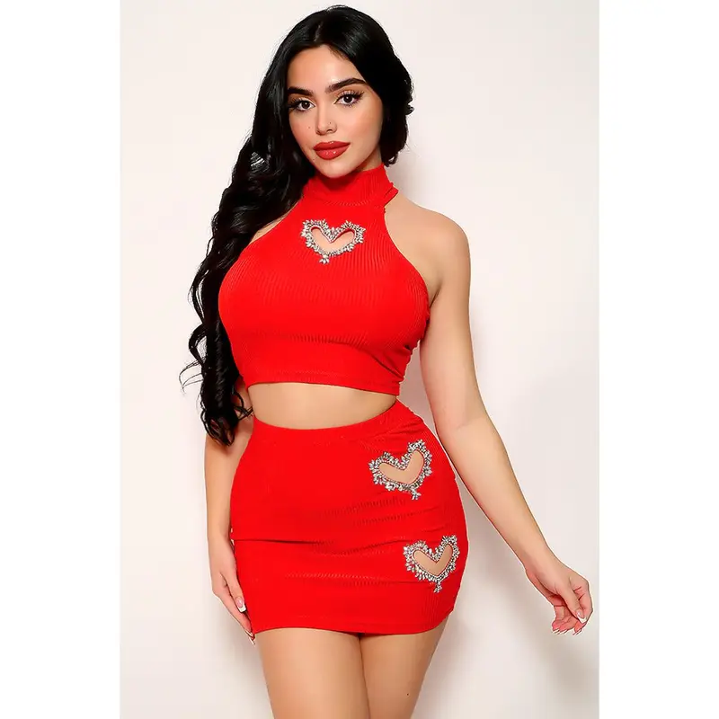 Red Ribbed Sleeveless Rhinestone Hearts Top Skirt 2Pc Dress Outfit
