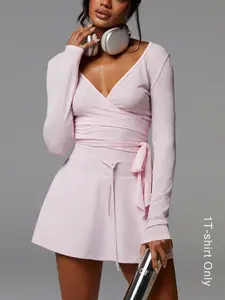 Women's Wrap Long Sleeve Top, V Neck Tie Waist Casual Yoga Shirt, Slim Fit Gym Workout Wear, All Seasons Fashion