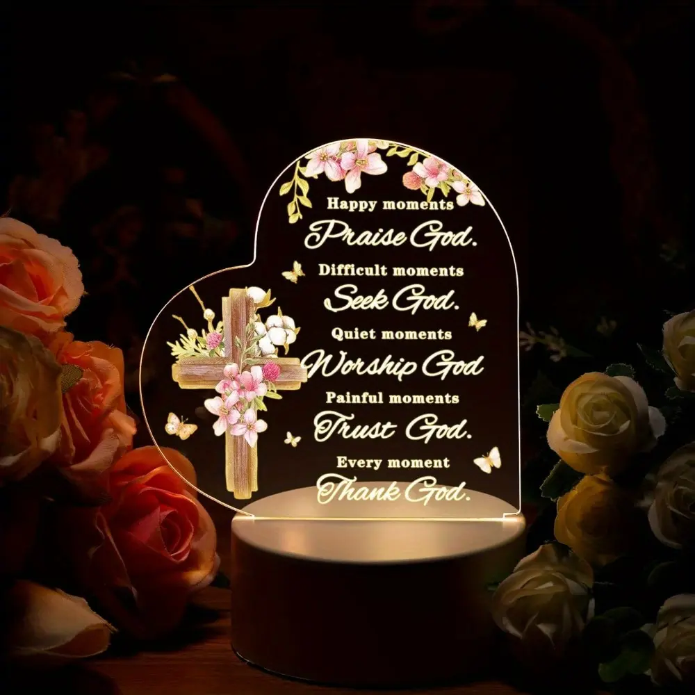 Heart Shaped Acrylic Desk Plaque with Lighted Base, Faith Quote CrossFloral Tabletop Decor, Religious Encouragement Gift For Christian Friends,Easter Christmas Present