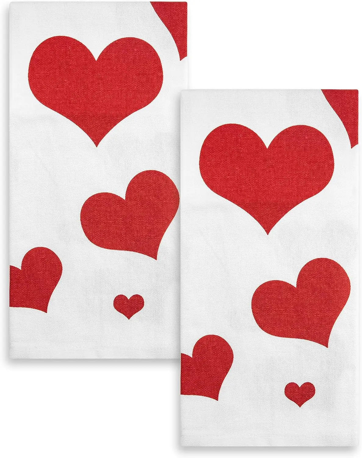 2 Pack White Cotton Kitchen Dish Towels, Tea Towels, Hand Towels, Red Random Flying Hearts Print, Soft & Absorbent, 16”x 24" inchs
