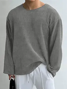 INCERUN Men's Fashion Casual Solid Color Plain T-Shirt, Top, Textured Round Neck Long Sleeve Design, Perfect for Daily, All Seasons Wear