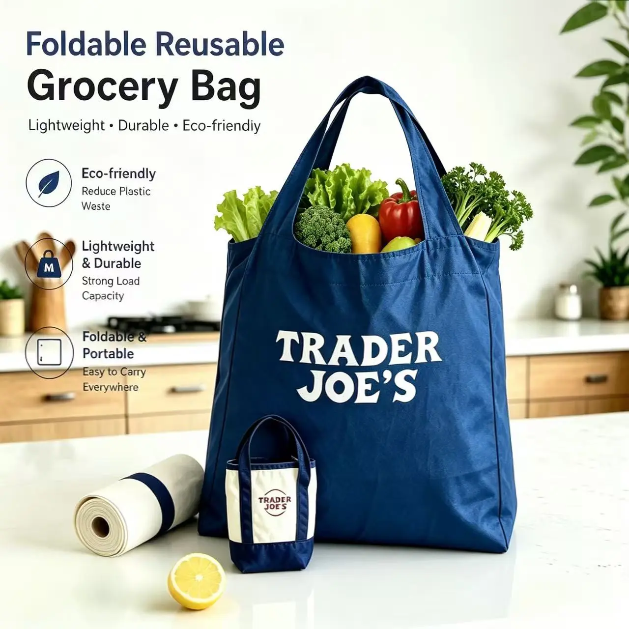 3pcs-1pc-Foldable Reusable Grocery Bag with Mini Tote Organizer Pouch, Lightweight Shopping Bag for Women, Portable Eco Tote with Small Canvas Insert for Travel, Storage and Daily Use