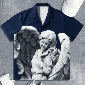 Vintage Wine Short Sleeve Angel Print Shirt, Unique Style & Artistic Atmosphere, Casual Fashion Top for Daily Wear