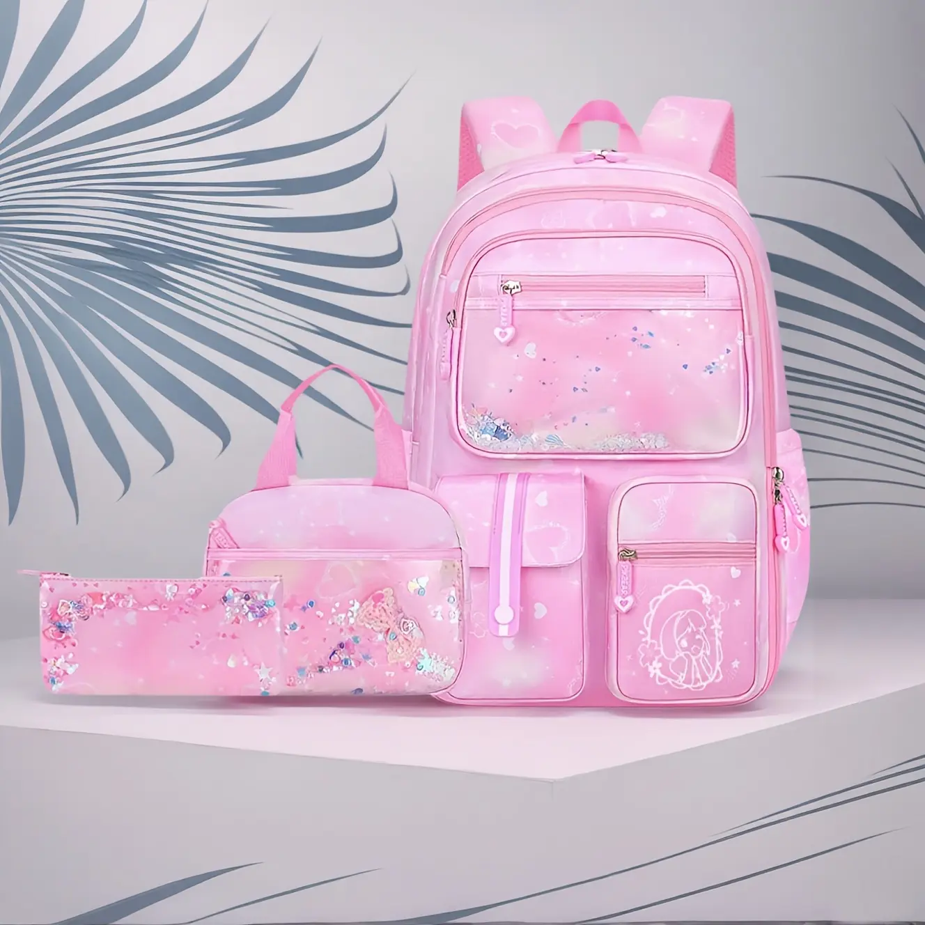 3pcs Cute Student Backpack Set, 180-Degree Refrigerator Door Design, Adorable Bow Pattern, Large Capacity Shoulder Bag, Gradient Color Princess Style, Back-to-School Gift