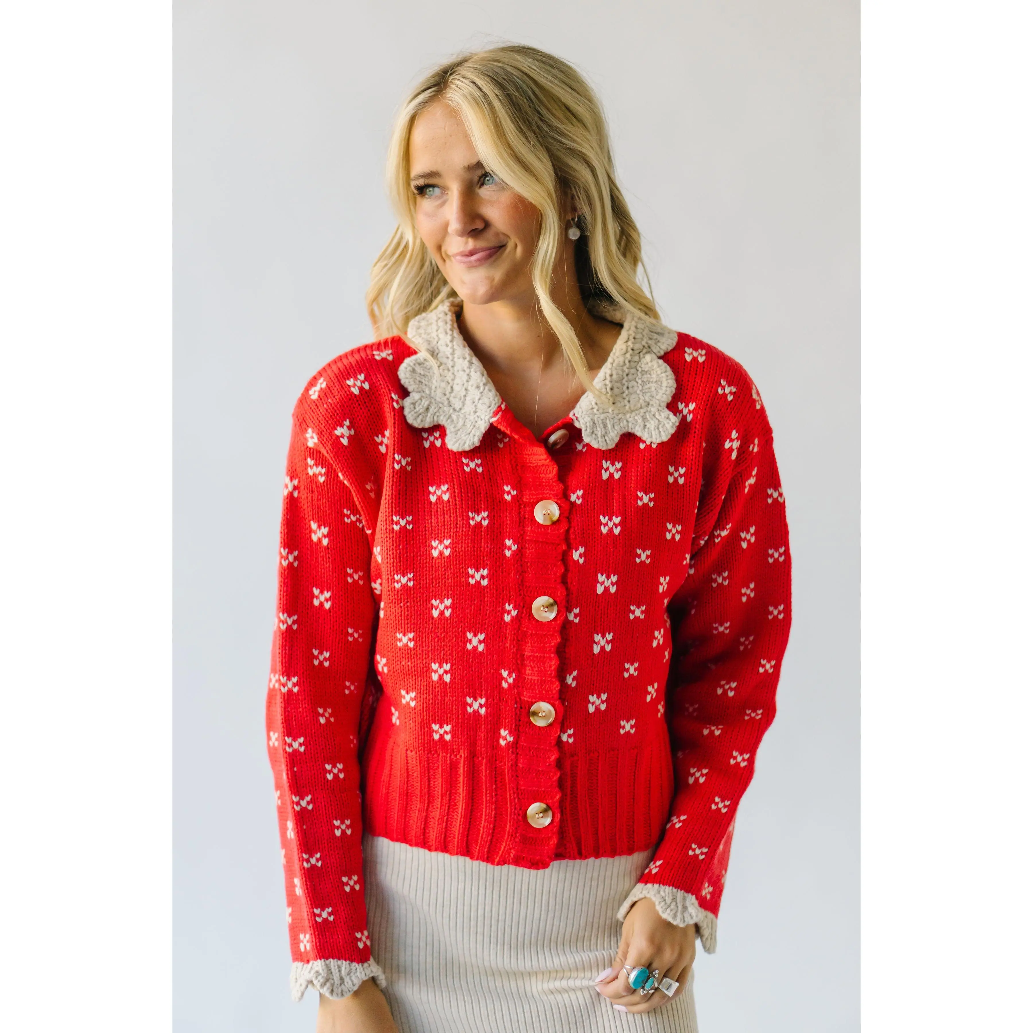 The Rowda Scalloped Detail Sweater in Red
