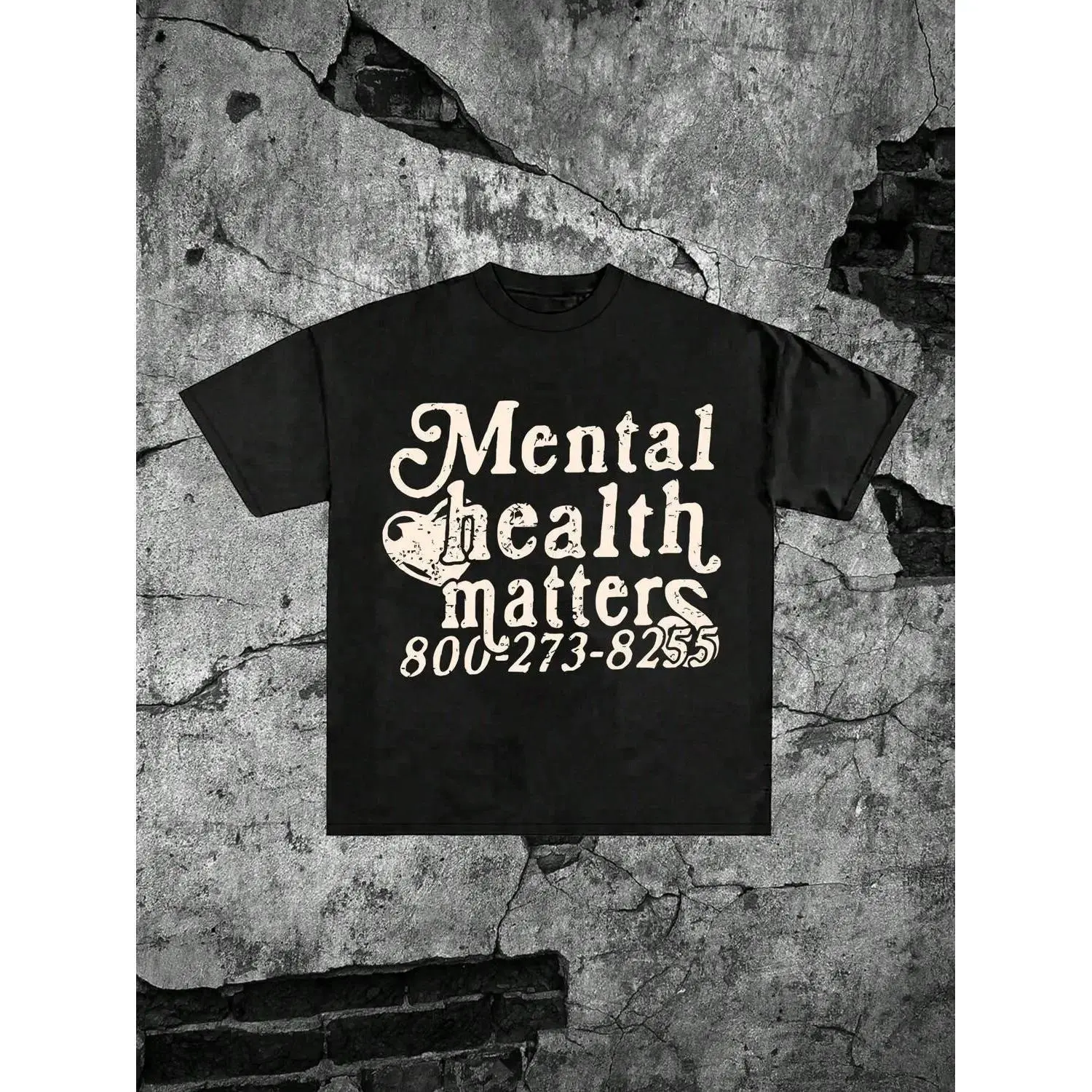Unisex 'Mental Health Matters' Graphic T-Shirt, Vintage Distressed Mental Health Awareness Print with Support Hotline Design, 100% Cotton Oversized Crew Neck Tee, Short Sleeve Retro Streetwear Top for Mental Health Advocates & Self Care Enthusiasts