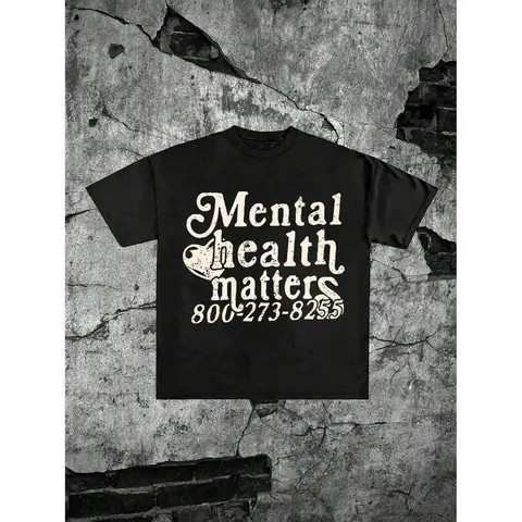 Unisex 'Mental Health Matters' Graphic T-Shirt, Vintage Distressed Mental Health Awareness Print with Support Hotline Design, 100% Cotton Oversized Crew Neck Tee, Short Sleeve Retro Streetwear Top for Mental Health Advocates & Self Care Enthusiasts