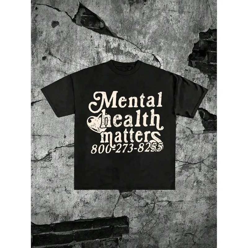 Unisex 'Mental Health Matters' Graphic T-Shirt, Vintage Distressed Mental Health Awareness Print with Support Hotline Design, 100% Cotton Oversized Crew Neck Tee, Short Sleeve Retro Streetwear Top for Mental Health Advocates & Self Care Enthusiasts