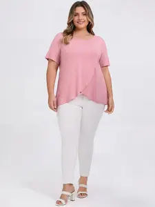GRACE & GRANDEUR Women's Plus Size Tops Round Neck Short Sleeve Blouses Crossover Asymmetric Tulip Hem Tee Top