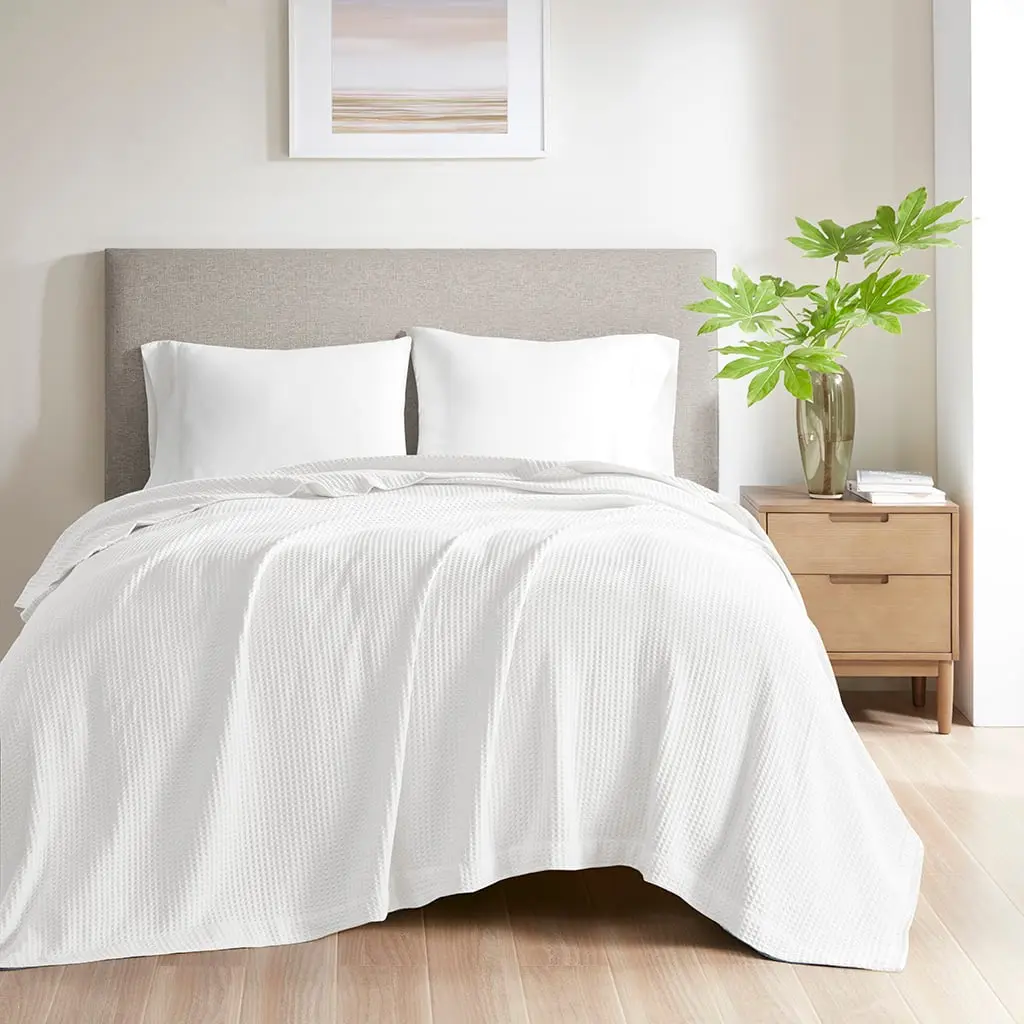 Beautyrest BR51N-3824 King Size Chemical Free Cotton Waffle Weave Blanket - 108x90x0.25in, White, Dreamy Soft Cotton Blanket, Chemical Free Blankets, Cotton Blankets
