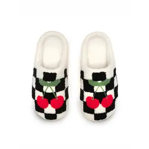 Checker Cherries Slippers | Fuzzy Non-Slip Slippers - Warm Cozy Soft Lightweight Slipper – Cute Home Slippers – Indoor & Outdoor Use - Unisex Slipper
